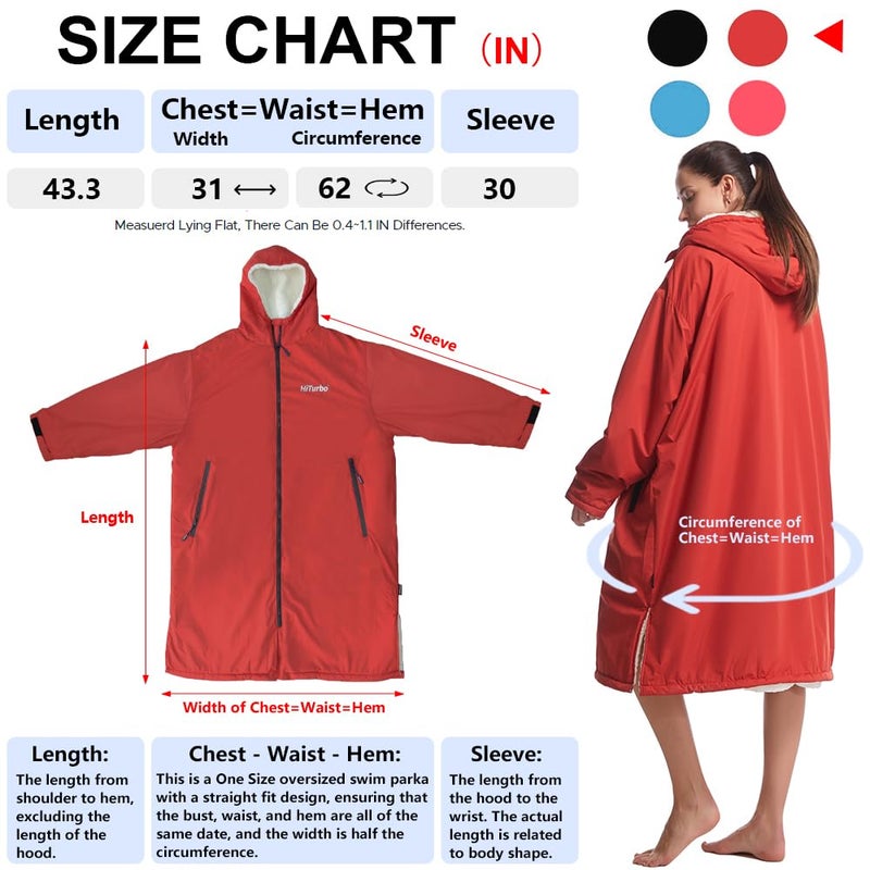 Hiturbo Warm Waterproof Swim Parka: Oversized Hooded Changing Robe - Sherpa Liner Swimming Coat - Recycled Fabric Surf Poncho (Red) - Image 2